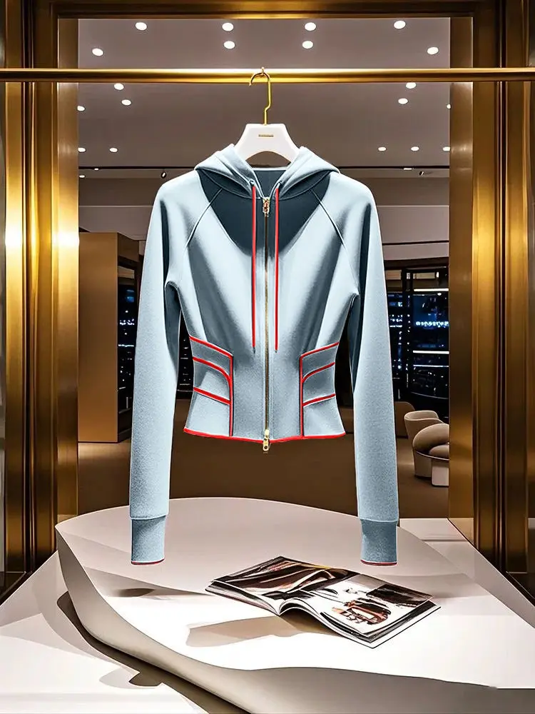 Chaquetas con capucha de color azul Retro para mujer, abrigos cortos ajustados de cintura pequeña, cárdigan de manga larga con cremallera, informal elegante para oficina