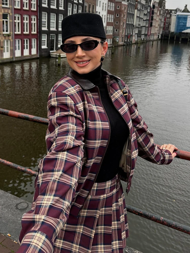 Women Plaid Mini Skirts Two Piece Sets 2026 New Chic Fashion Zipper Jacket Women's Suits Spring Autumn Woman Outfits