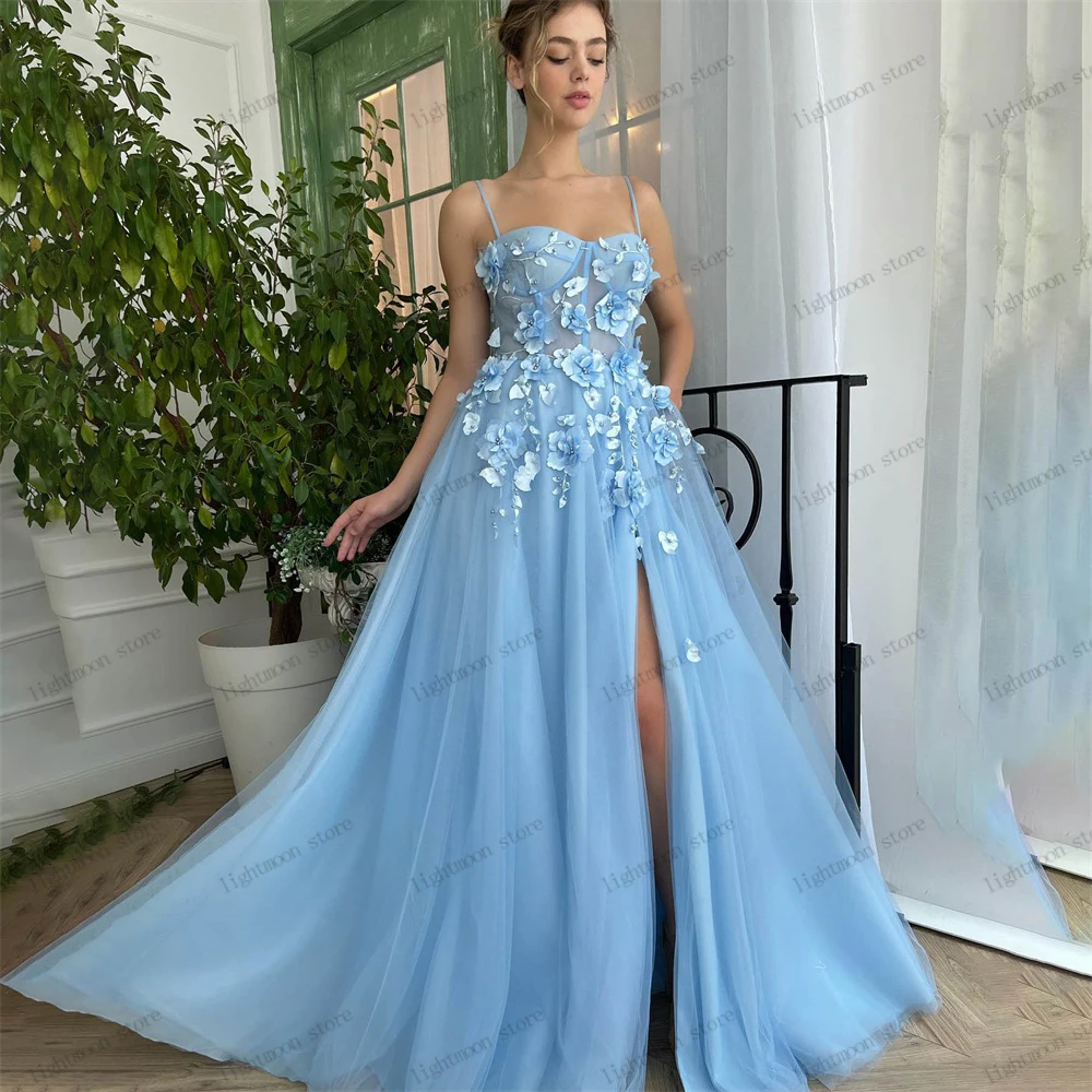 

Pretty Evening Dresses Romantic Prom Dress Spaghetti Straps Ball Gowns Flower Appliques Sexy High Slit Vintage Vestidos De Gala