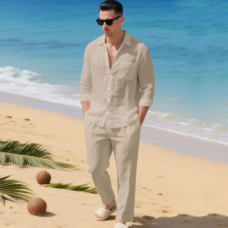 

Американские льняные мужские повседневные свободные дышащие брюки с длинными рукавами, рубашка, пляжный костюм