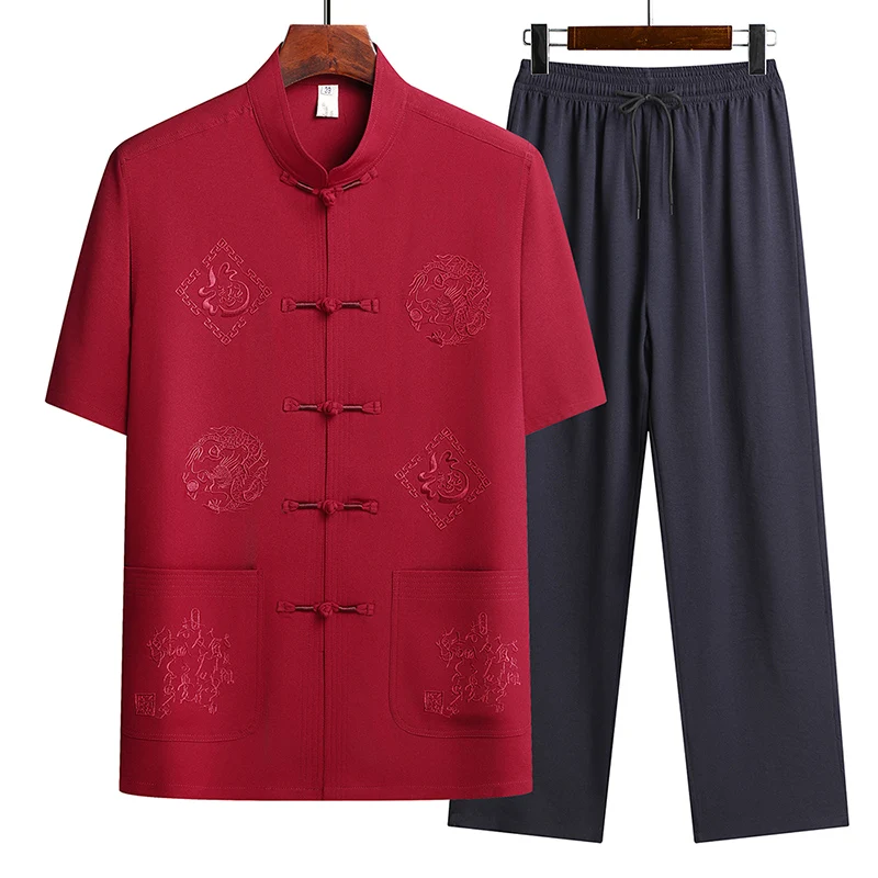 (Shirt + trousers) summer men shirt embroidery short sleeve shirts fashion mens sets High quality shirt male Two Piece M-4XL