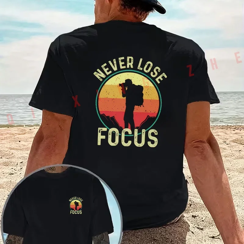 NEVER LOSE FOCUS Vintage Gradient Mountain Climber Design Motorcycle T-Shirt Cotton Double-Sided Print Men Short Sleeve Tops
