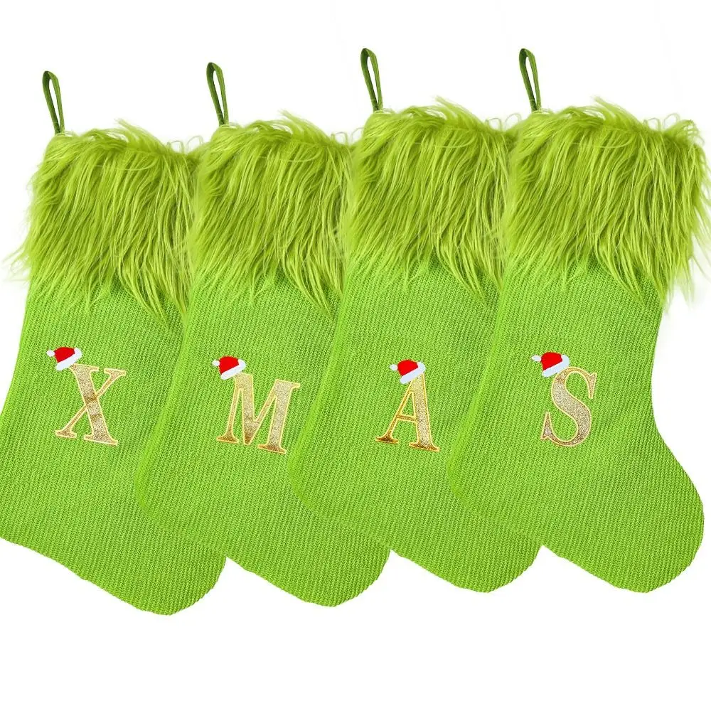 Green Christmas Alphabet Knitted Socks Thickened Exquisite Letter Knitting Socks Festival Large Capacity Candy Gift Bags