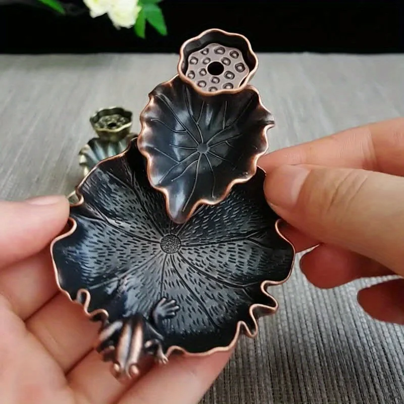 1pc Alloy Incense Plate, Lotus Leaf Backflow Incense Burner, Aromatherapy Furnace, Frog Ornament view 4