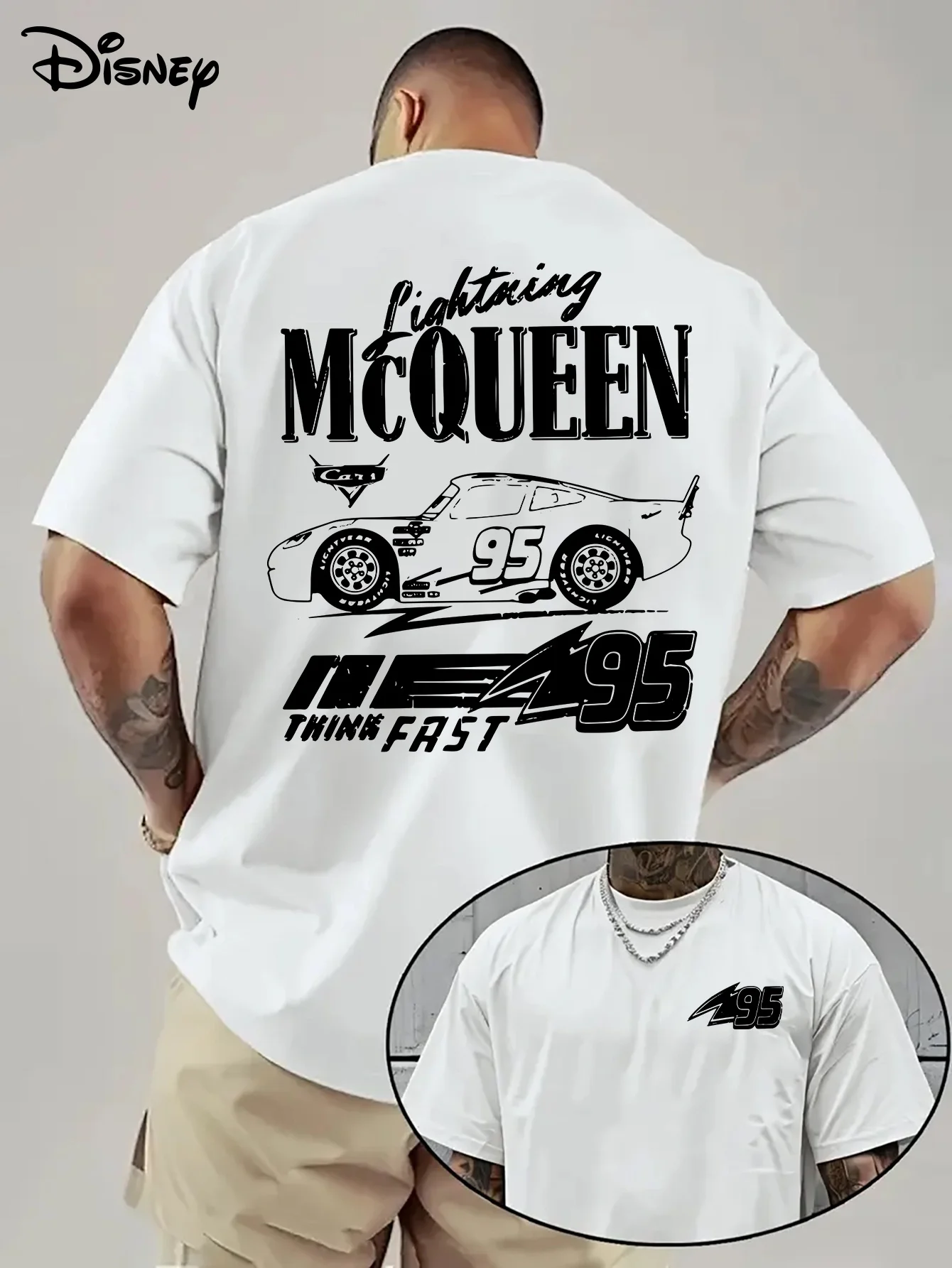 Camiseta con estampado de Lightning McQueen de Anime de Disney para hombre y mujer, novedad de verano 2026, pantalón corto informal holgado grande de manga Harajuku