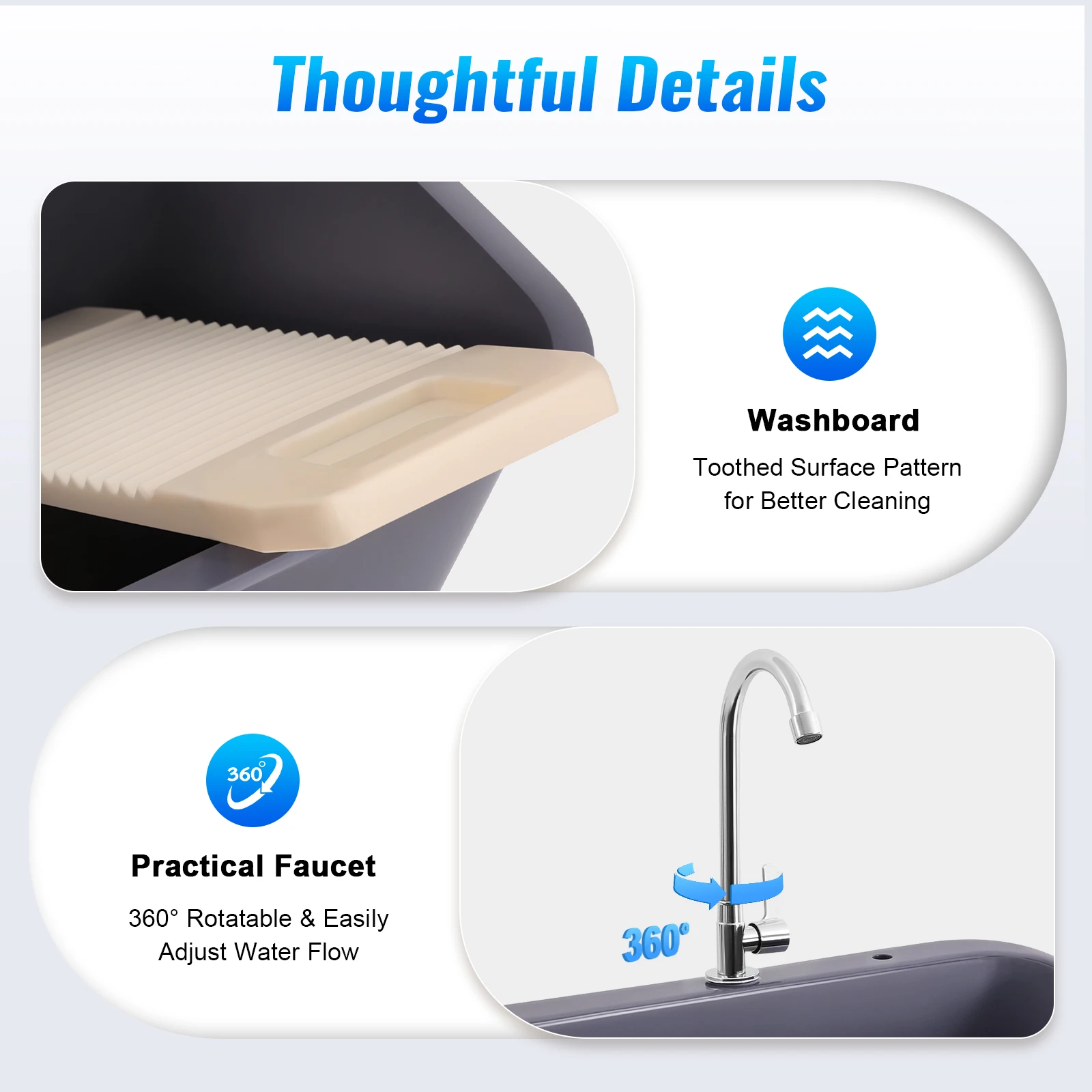 حوض غسيل قائم بذاته مع صنبور، حوض غسيل كبير سعة 48 لتر، حوض PP رمادي/أسود لغرفة الغسيل، المرآب، المطبخ