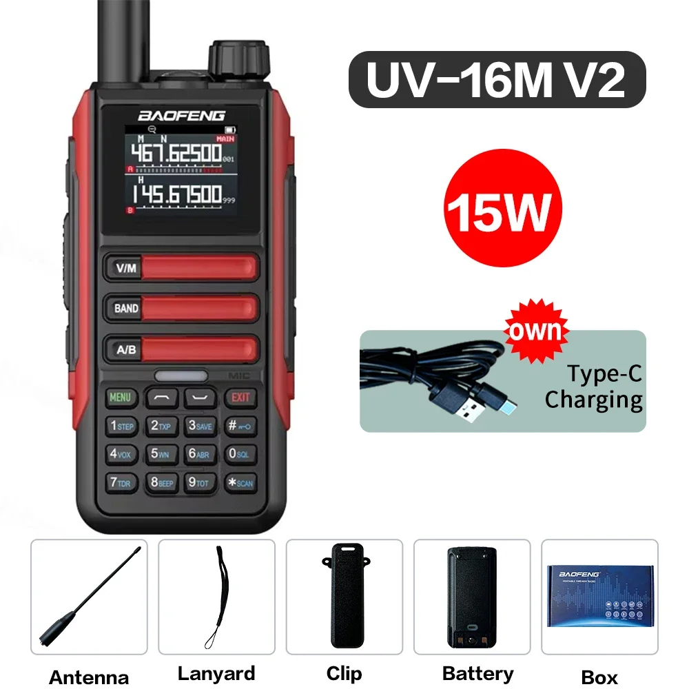 Baofeng Upgrade UV16M V2 Walkie Talkie 15 Вт Высокая емкость AM FM 2-стороннее радио Полнодиапазонный ЖК-дисплей 999CH Частотная копия NOAA Шумоподавление