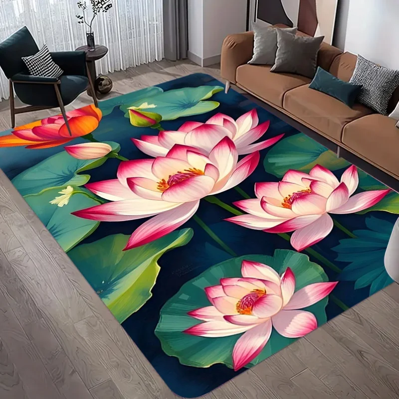 Watercolor Pink Lotus Green Leaf Oriental Area Rug Non Slip Soft Floor Carpet Traditional Floral Mat For Living Room Bedroom