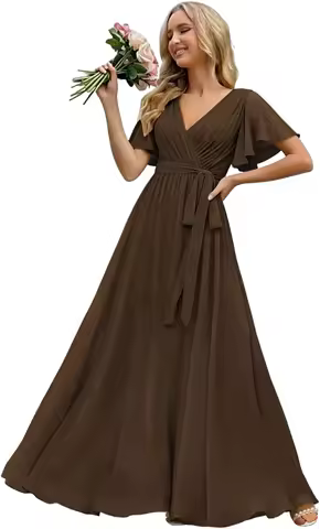 Ruffle Sleeves Bridesmaid Dresses with Bow Chiffon V Neck Ruched Bust Formal Dress Wedding Guest Dress Evening Dresses