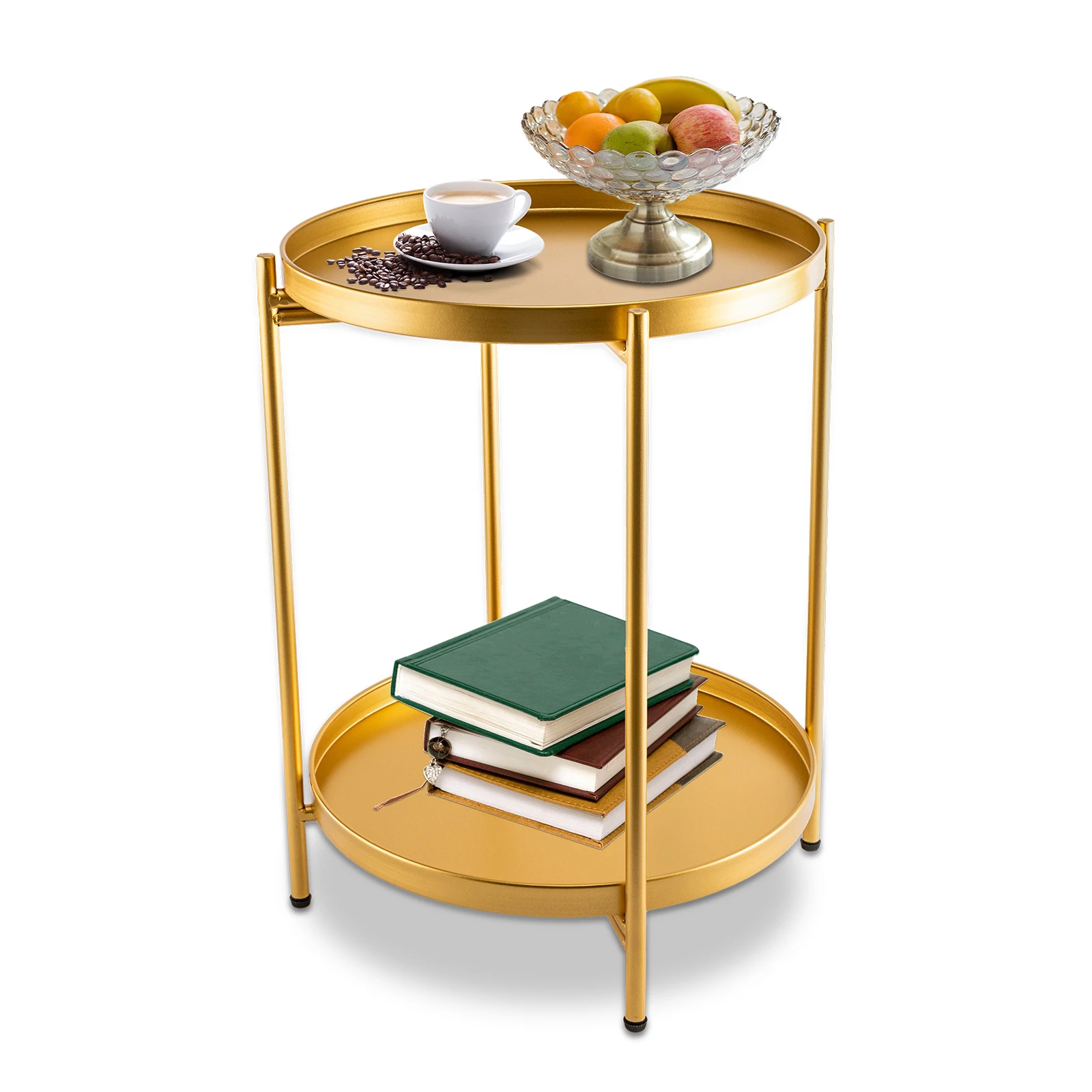 2-Tier Metal End Table, Round Side Table with Removable Tray, Nightstand for Bedroom Balcony Patio Living Room