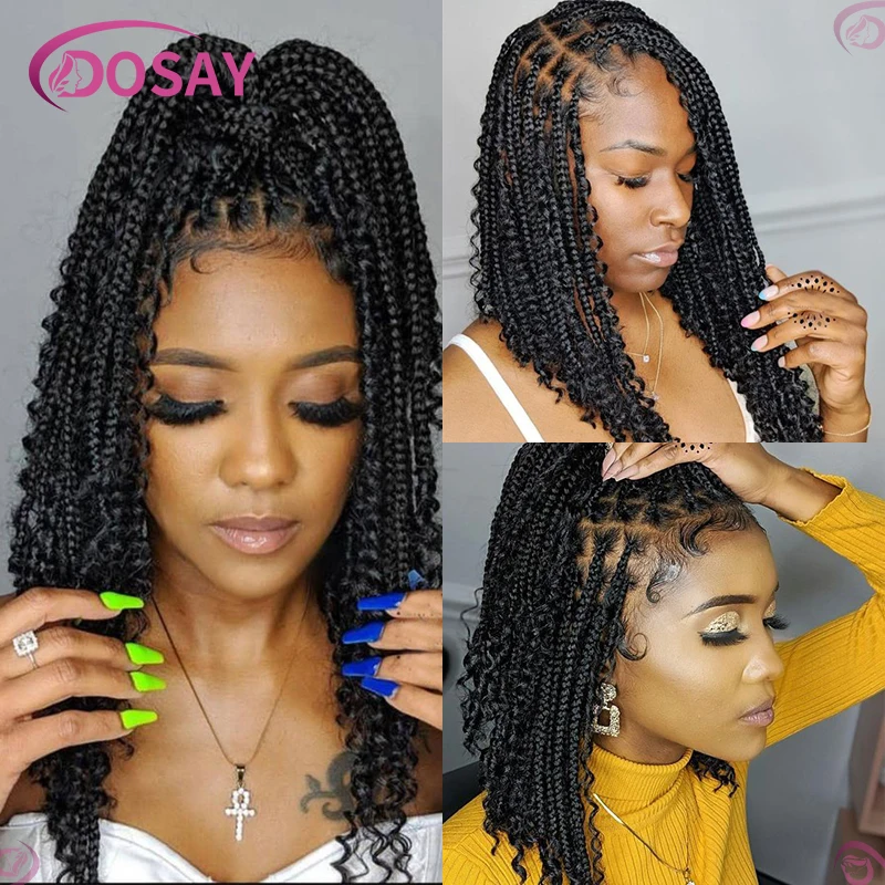 Synthetic Short Bohemian Braided Wigs For Black Women Full Lace Curly Wig Boho Bob Braids Hair Wig Knotless Box Braiding Hair