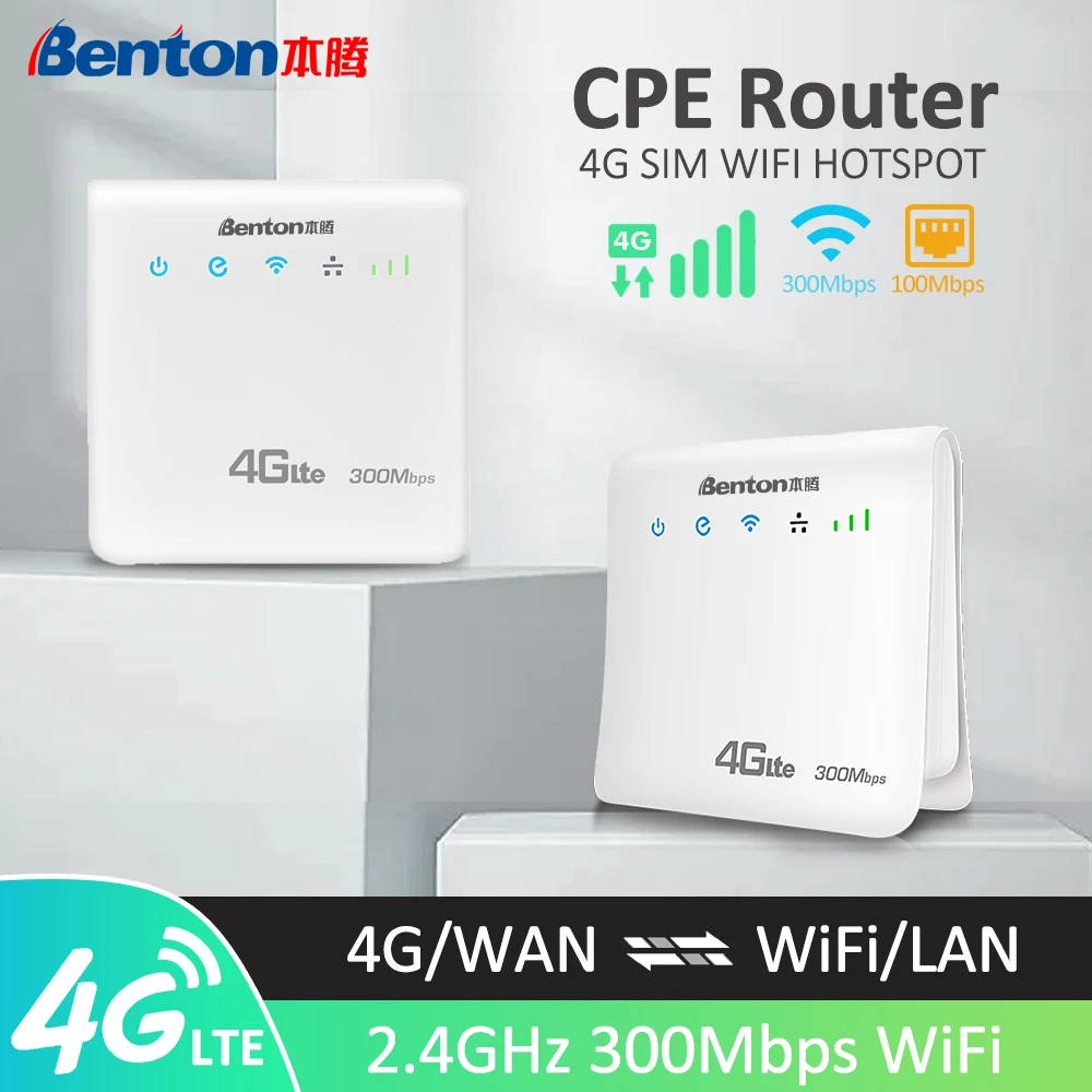 Benton Unlocked 4G Router 2.4GHz 300Mbps 32 Users 100Mbps WAN LAN Portable Travel Router 4G LTE Router for Rural Areas