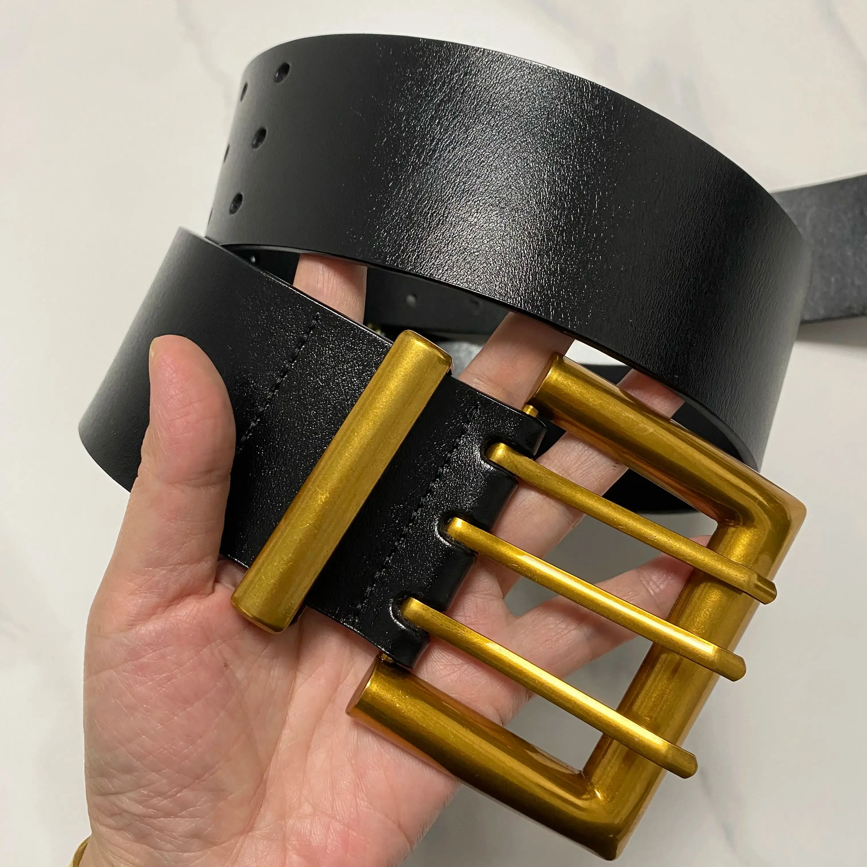 

Women's Vintage Gold Buckle Black Genuine Leather Cummerbunds Female Dress Corsets Waistband Belts Decoration Wide Belt TB386