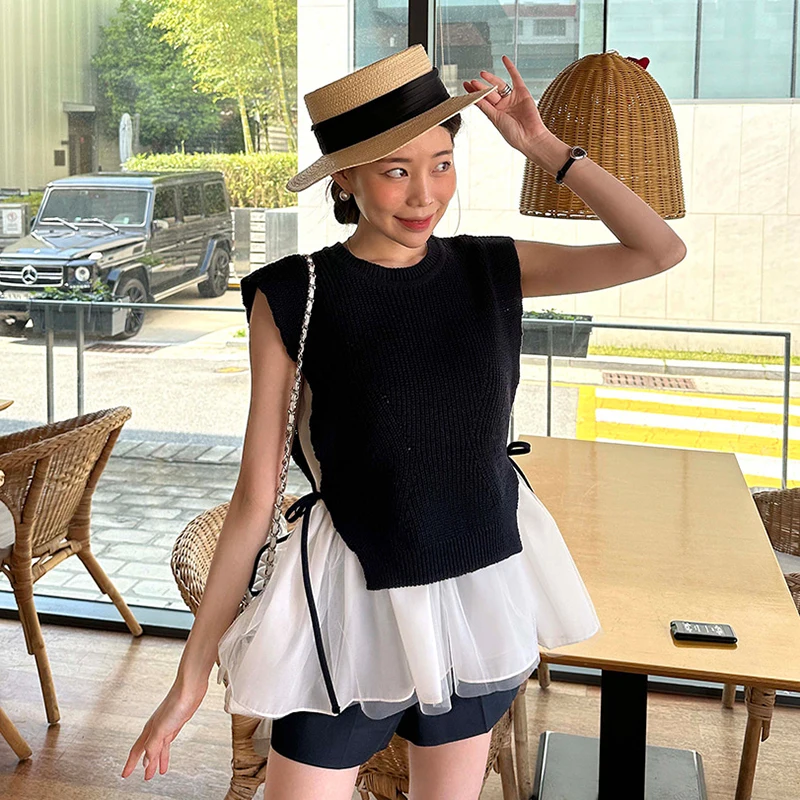 طقم ملابس صيفي نسائي عصري من قماش شبكي محبوك بدون أكمام مع تنورة وحزام بتصميم كوري وواسع وياقة دائرية #5