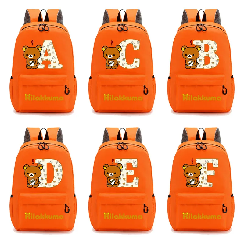 

Rilakkuma Backpacks Cartoon Letter A-Z Print Waterproof Oxford Cloth Shoulder Bags Large Capacity Student Stationery Storage Bag