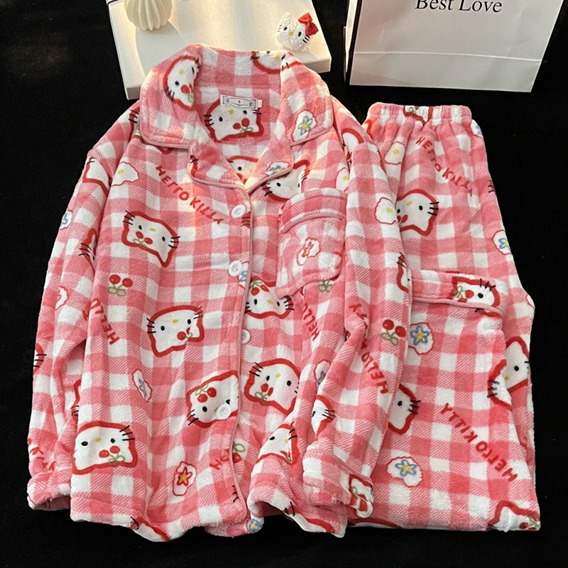 Winter Women's Hello Kitty Pajama Set Cartoon Flannel Pajamas Thickened Fluffy Plush Warm Comfortable Loose High Quality