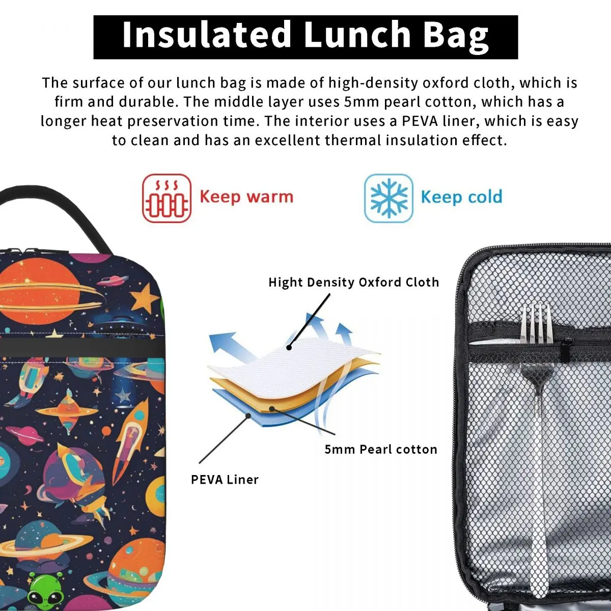 Colour Alien Rocket Spaceship Pattern Insulated Lunch Bag for Women Children Leakproof Food Boxes Thermal Lunch Box Tote