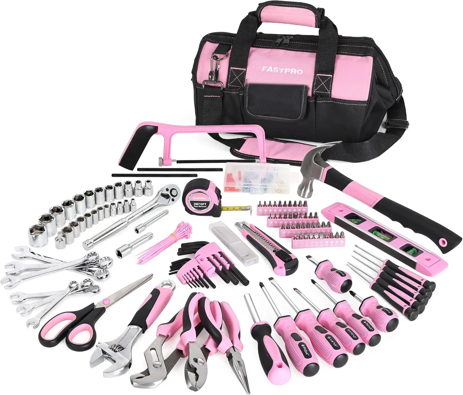 

267-Piece Pink Tool Set with 13-Inch Wide Mouth Open Bag for DIY Home Repair and Maintenance