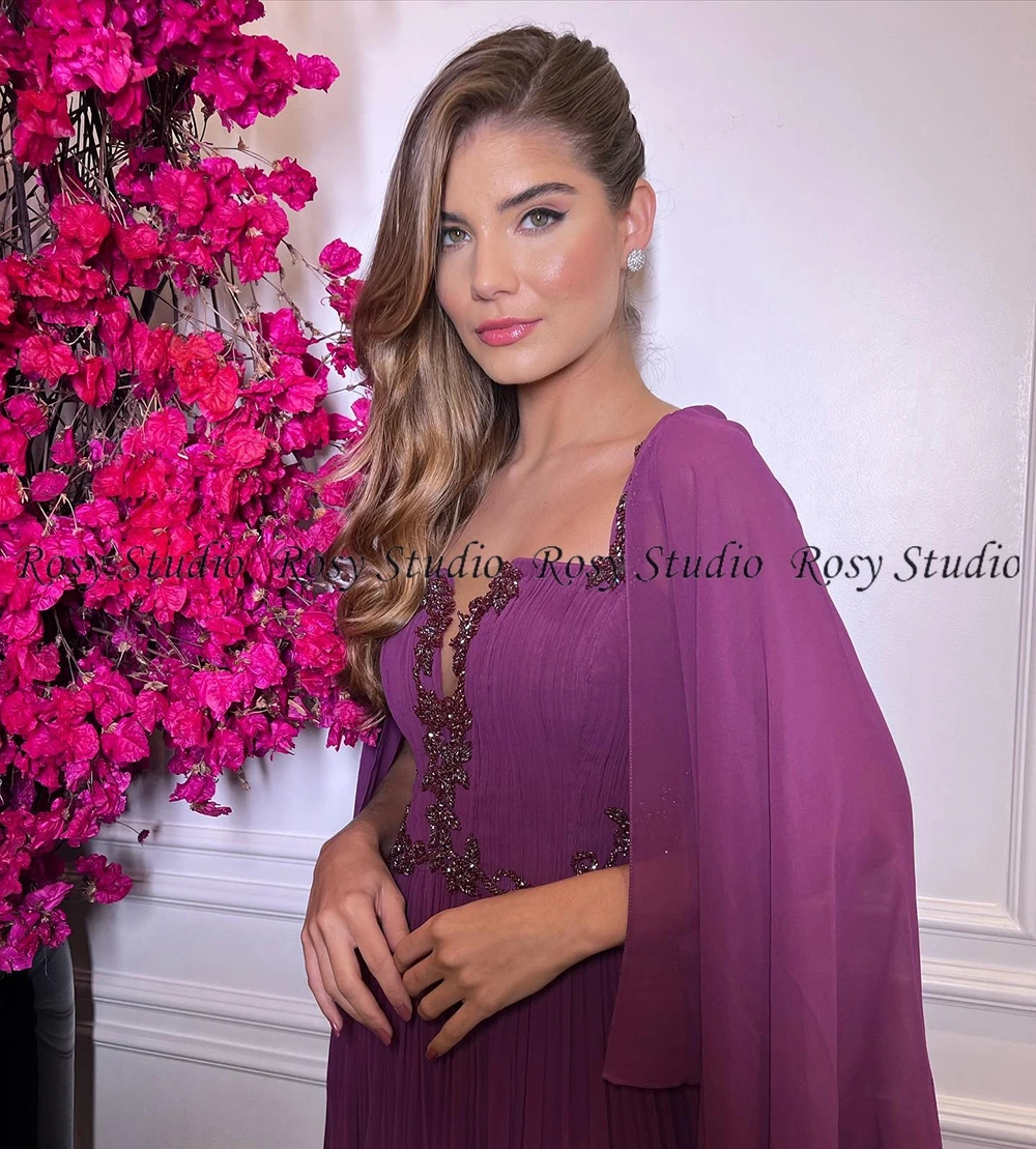 Vestidos longos e elegantes para a mãe da noiva com mangas, plus size, vestido roxo do convidado do casamento, vestido frisado para a madrinha