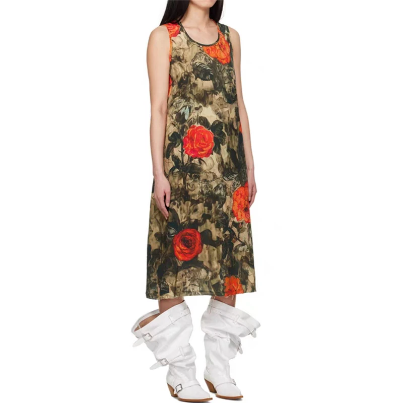 Y2K 高品質の夏の新しい女性のラウンドネックピュアコットンプリントノースリーブドレスファッションカジュアルローズフラワー休暇ミディドレス