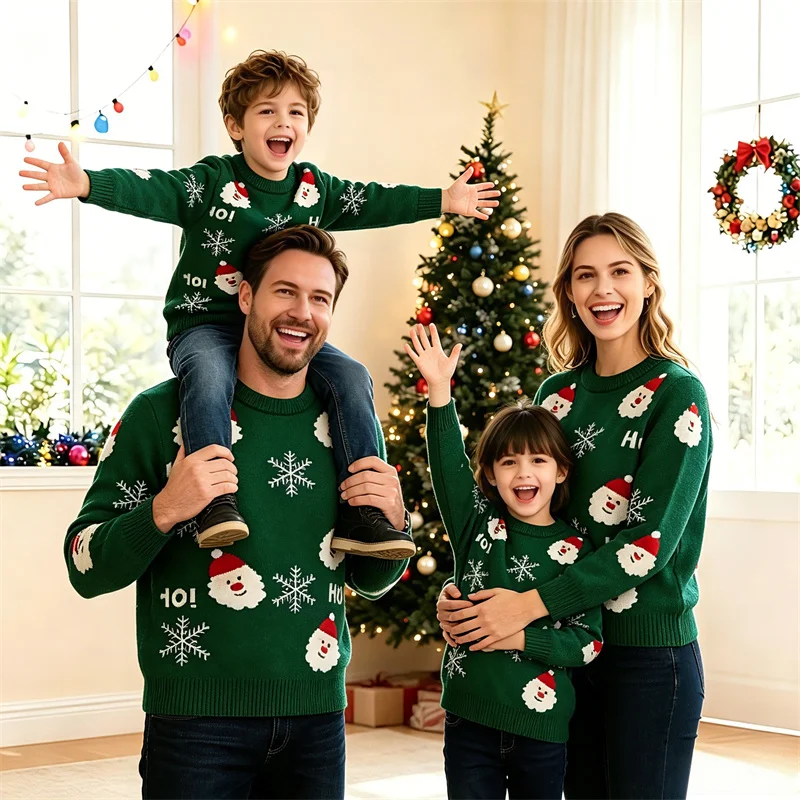 Christmas Day Family Matching Sweater Children Adults Festival Style Cartoon Print Warm Pullover Dad Mom Kids Thermal Clothes