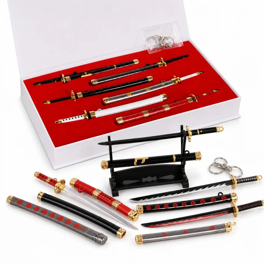 Conjunto de Chaveiros Katana do Zoro de One Piece, Acessórios em Modelo de Espada com Caixa de Presente para Fãs, Decoração para Mochilas e Chaves de Carro
