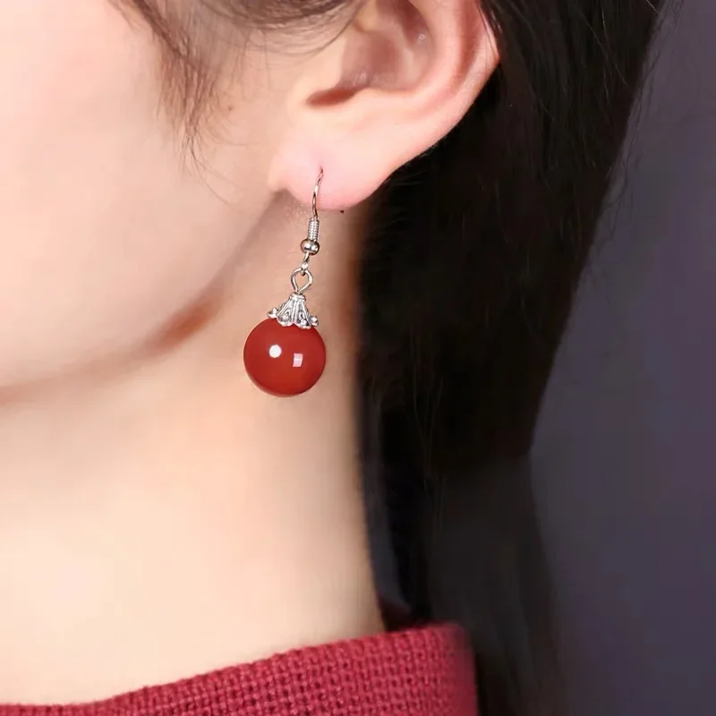 Original 925 Silver Natural Red Agate Jade 10mm Beads Earrings DIY By Hand Accessories Women Gifts Jewelry Amulet Customized