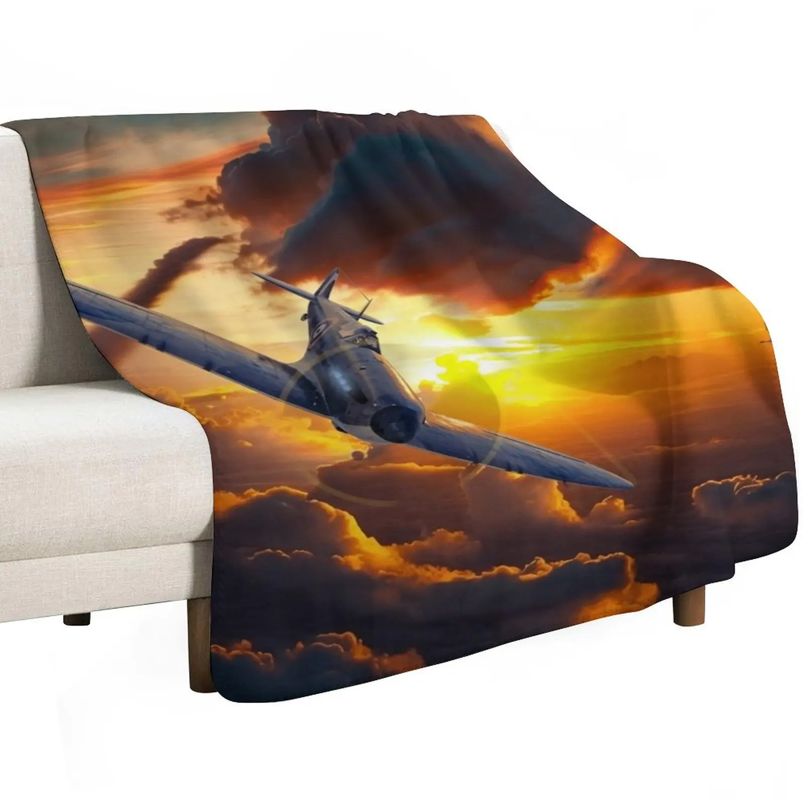 Spitfire Aircraft in the Sunset Aircraft art Throw Blanket wednesday Quilt Single Heavy christmas gifts Blankets