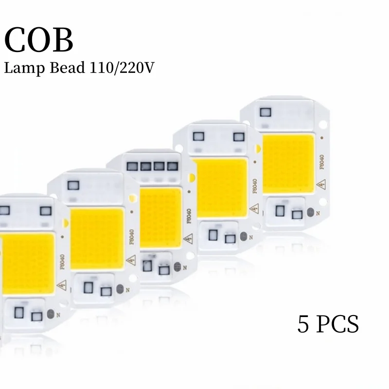 LEDチップCOb 20w 30w 50w ac 110v 220v,ドライバーなし,DIY,スポットライト,暖かくて暖かい白,屋外ランプ,5個