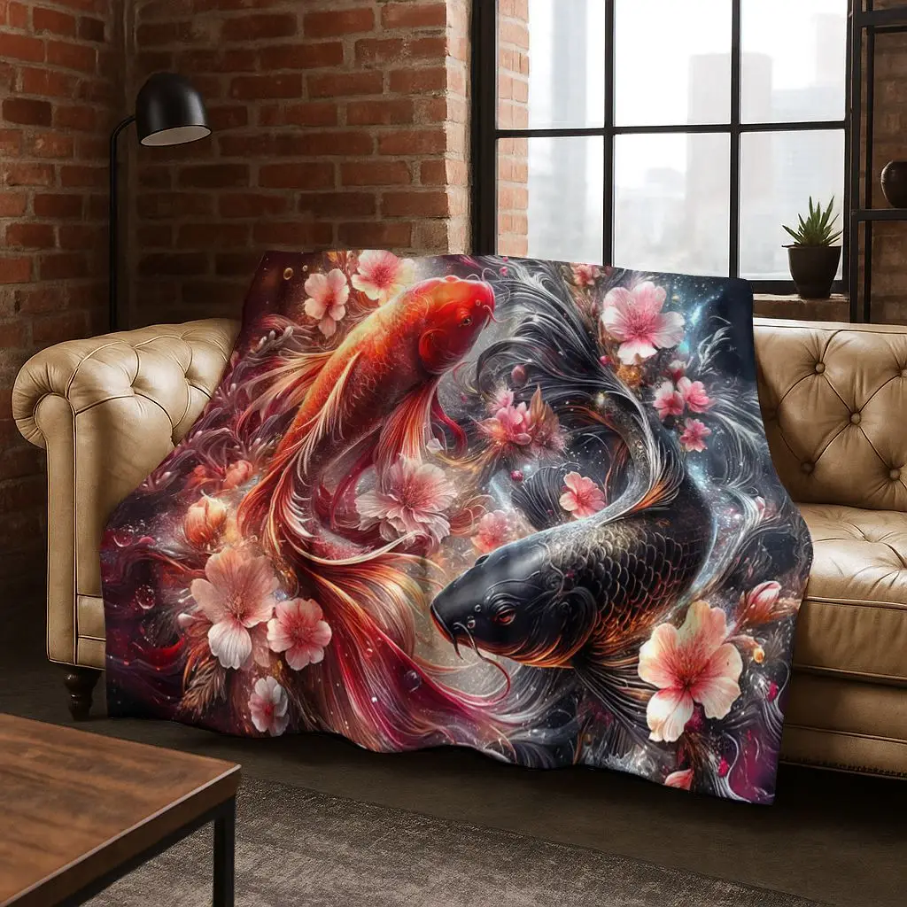 Luxurious Lucky Koi Fish Yin Yang Carp Cartoon Flannel Blanket,Cozy Soft Throw Blanket for Home Bedroom Bed Sofa Cover Gift Kid