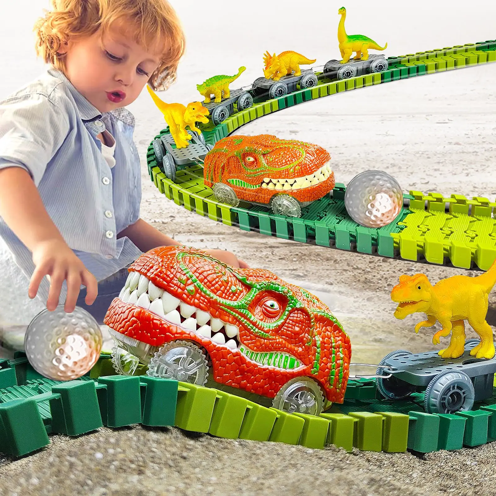 

Dinosaur Toys Electric Train Track Racing Car Set DIY Building Blocks Flexible Bending Roller Coaster STEM Gift for Kids Child