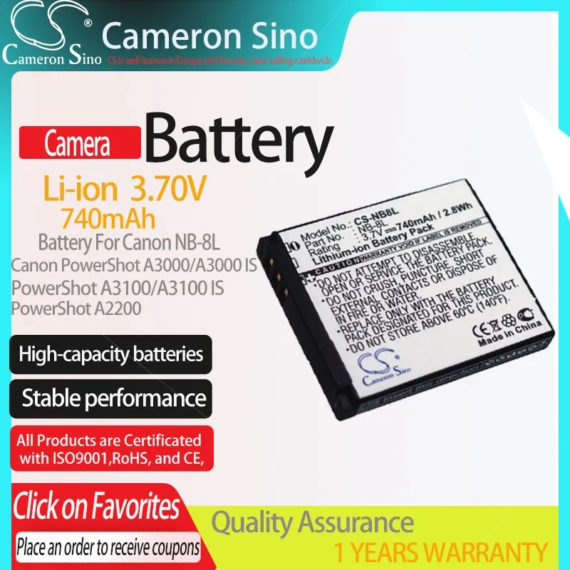 CS Battery for Canon PowerShot A3000/A3000 IS/A3000 IS/A3100 IS/A2200 fits NB-8L Camera battery 740mAh Li-ion