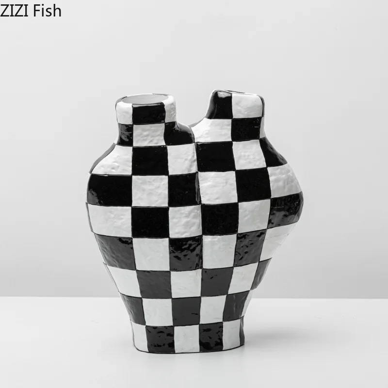 Black and White Check Texture Vase Desk Decoration Flower Arrangement Modern Crafts Irregular Shaped Vases Room Aesthetic Decor