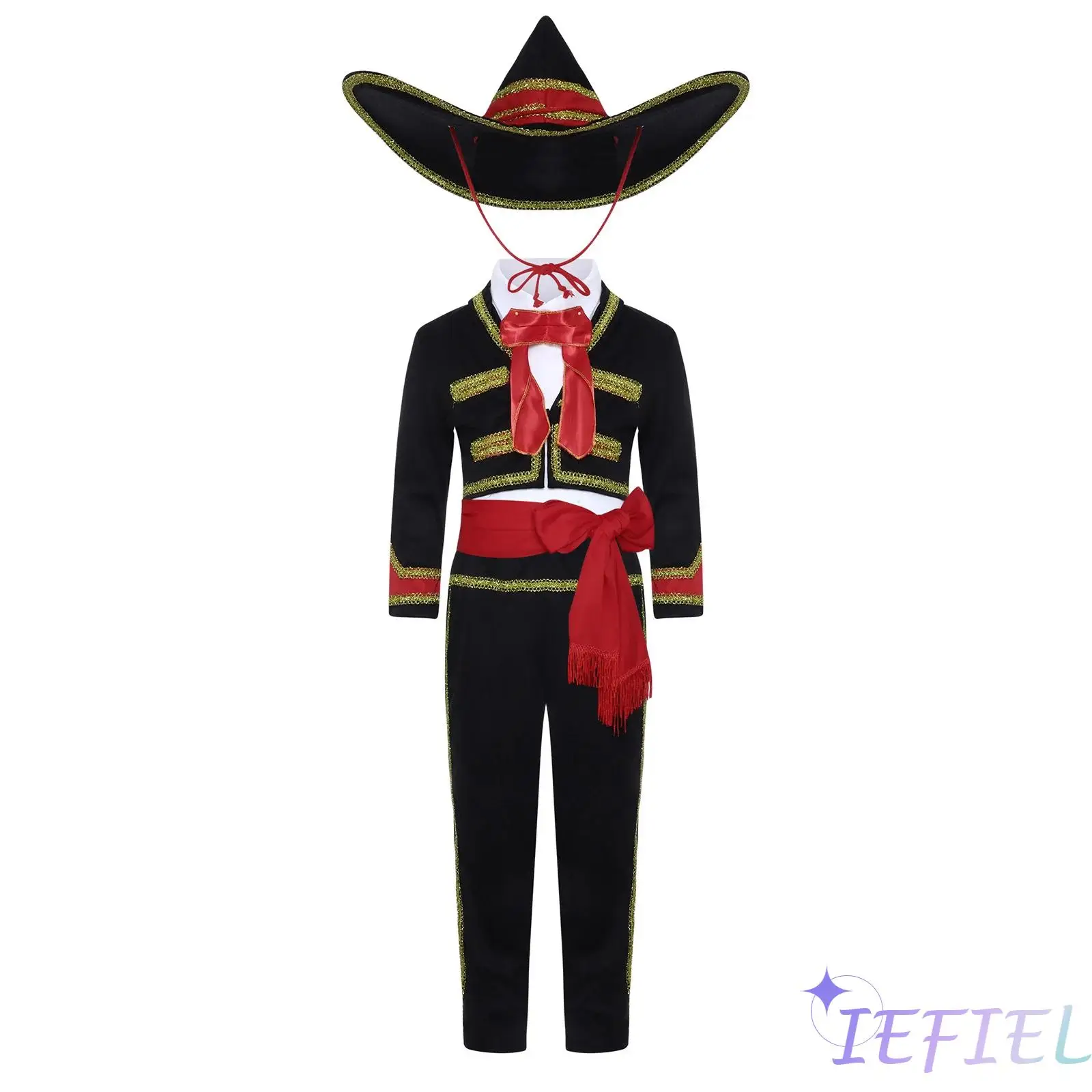

Authentic Mexican Charro Costume for Boys Gold Trim Jacket Pants Set Detachable Bow Collar Wide Brim Hat Fiesta Halloween Outfit