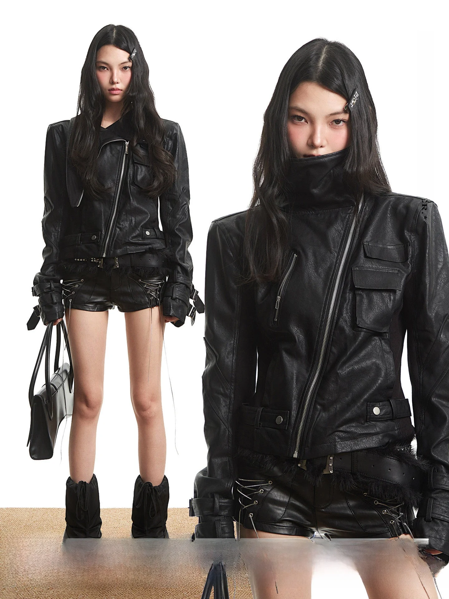 Bla Punk Sle Women's Slim Fit Leather Jaet ort Biker Jaet High Street Autumn Faion UNCMHISEX Neutral Wind