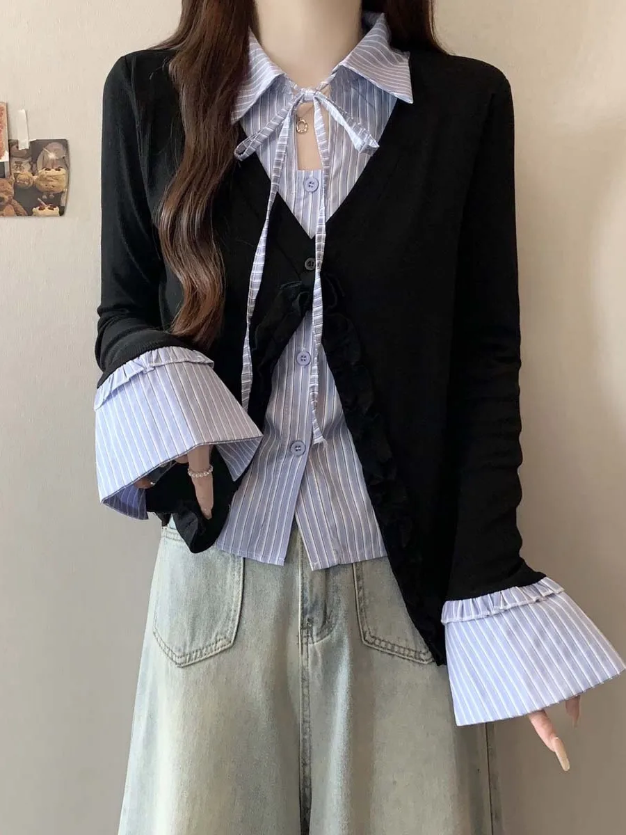 

Синий полосатый вязаный кардиган с эффектом двухслойности и длинными рукавами, женский, больших размеров, в студенческом стиле