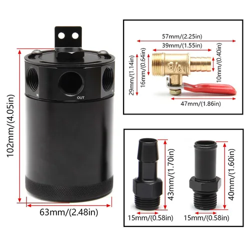 Imagen 2 del producto Separador de tanque de lata de captura de aceite de 3 puertos Universal para coche 1 salida 2 entrada con filtro de respiración y kit de filtro de válvula de drenaje de aceite negro