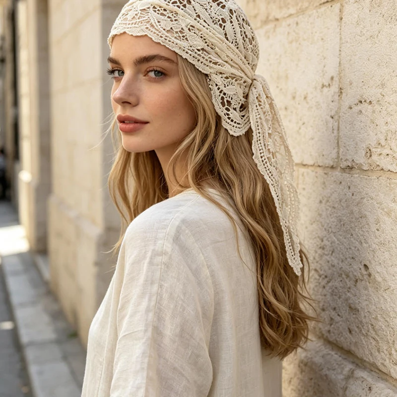 Boho Hollow Crochet Hair Scarf For Women,floral Lace Knotted Bandana Head Wrap,long Tassel Tie Back Headband For Beach Vacations