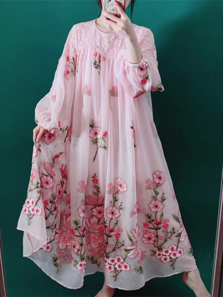 Imagem -04 - Vestido Longo Bordado Floral Feminino Renda Elegante Manga Lanterna Rosa Luxo Primavera 2023