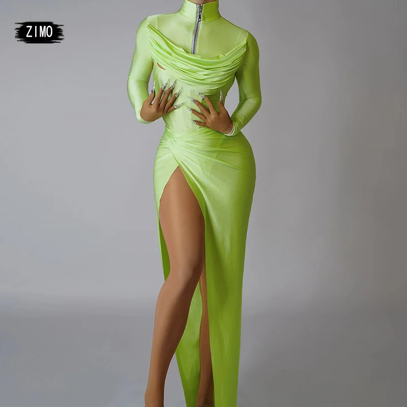 

New Solid Color Sexy High Fork Dress Three piece Set Women Blue Green Brown Birthday Party Prom Dance Stage Performance Costume