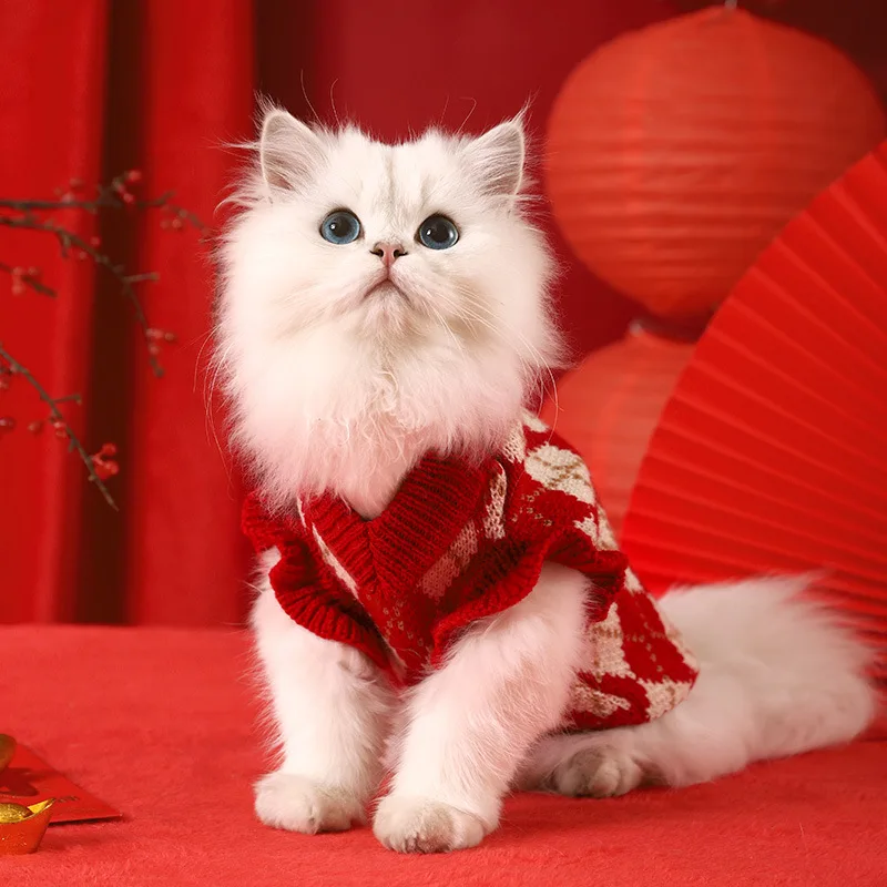 Lion pet warm dog New Year festival Spring and autumn new winter cat New Year clothes Red sweater pet supplies accessories