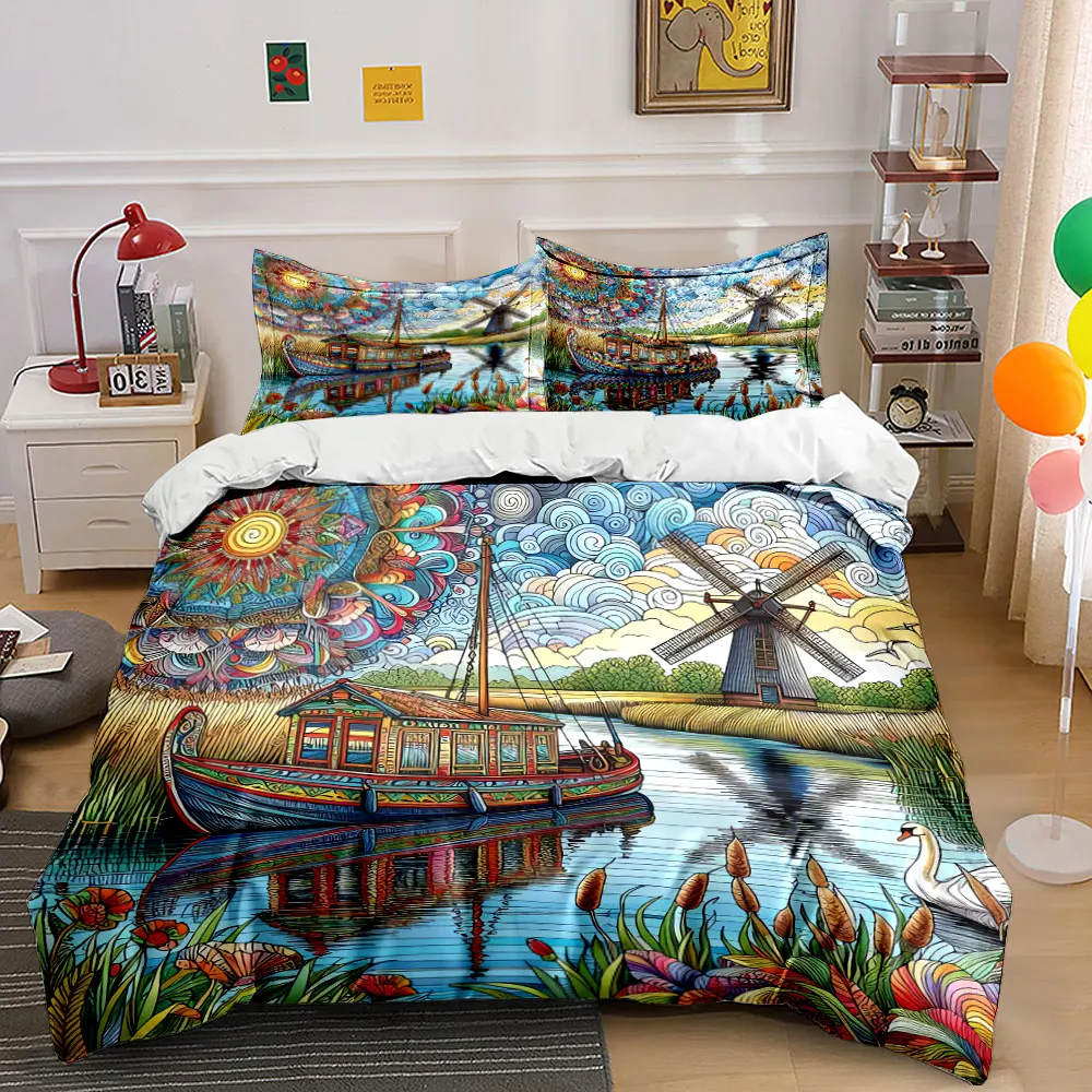 3Pcs Dutch Windmill Bedding Set,Colorful Zentangle Canal Boat and Windmill Print Duvet Cover + 2 Pillowcases,bedroom Decor set