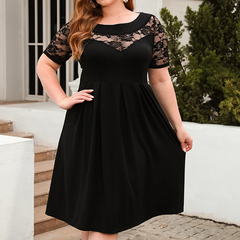 Plus Size w stylu casual, czarny sukienka koronkowa łączona wycięcie pod szyją krótki rękaw z wysokim stanem marszczona modna elegancka damskie