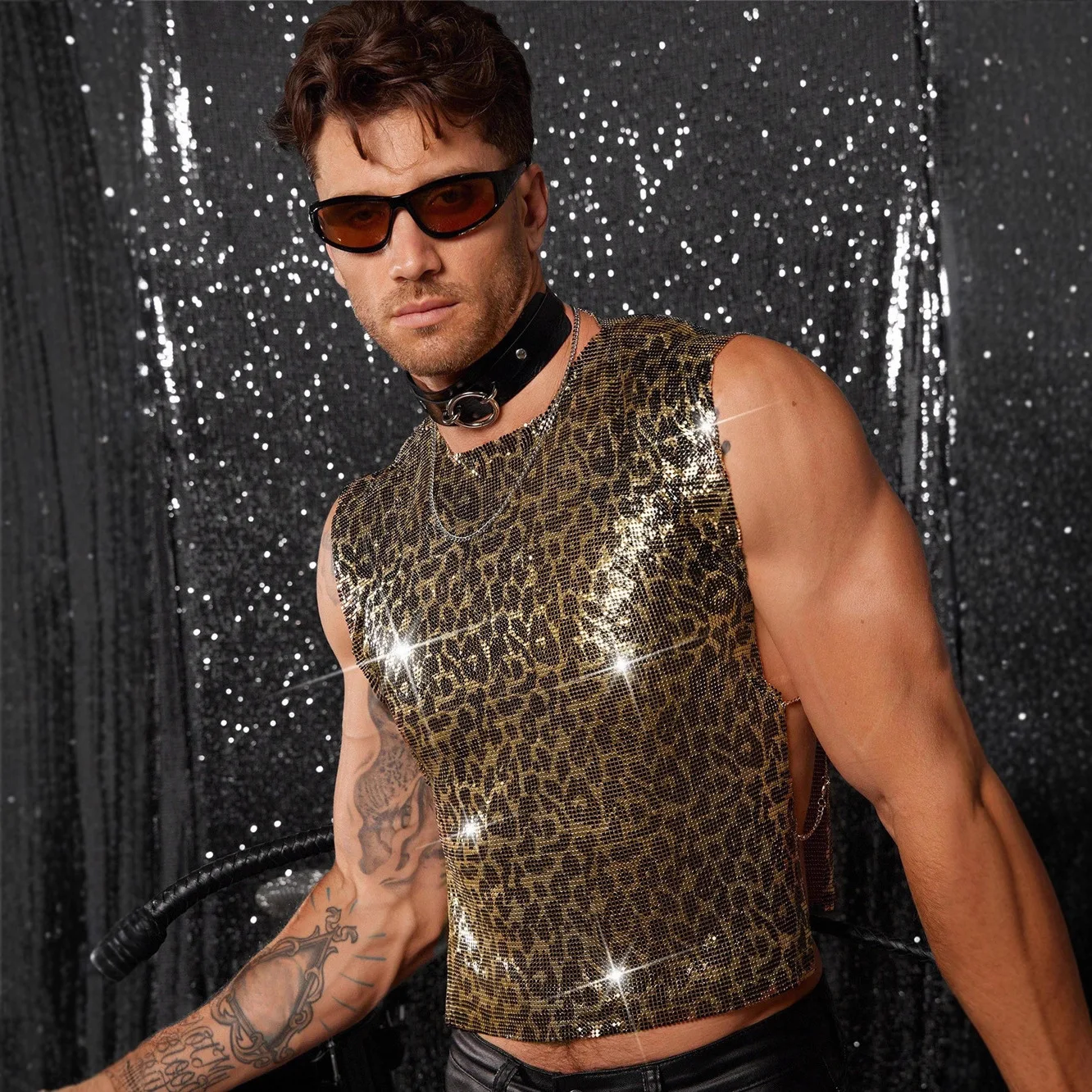 

Новинка 2025 года, мужская майка с леопардовым принтом, облегающий топ с круглым вырезом, сексуальный топ с металлическими блестками, Edm Festival Rave Party Attire