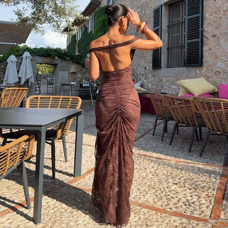 مثير الدانتيل فستان مجموعات المرأة عارية الذراعين انظر من خلال بذلة شق عالية الخصر مطوي تنورة طويلة 2 قطعة مجموعة سيدة أنيقة