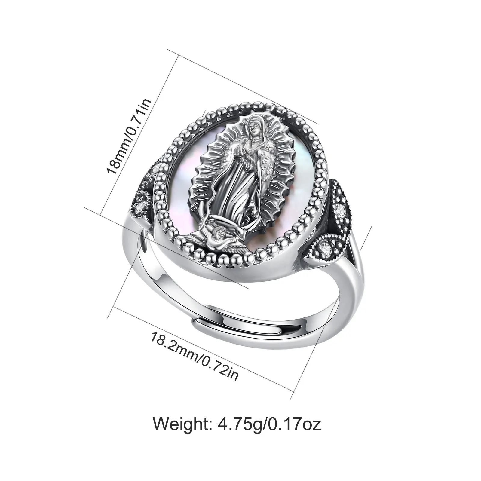 Eudora Copper Virgin Mary Ring White Mother of Pearl Plated Silver Mother of God Ring Religious Jewelry Mother's Day gift