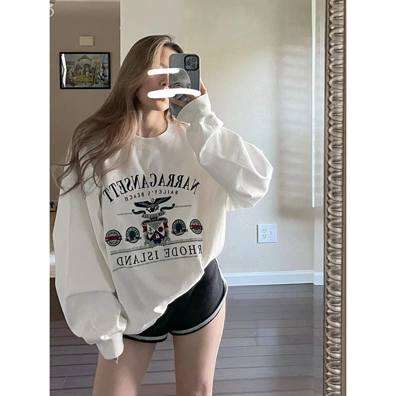 Retro American Oversize Sweatshirt Women's Lazy Style Long Sleeve round Neck Pullover Slimming Meat Covering Cotton Polyester...