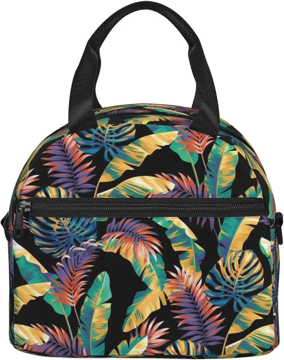 Sac à Déjeuner Hawaïen avec Feuilles de Palmier et Plantes Tropicales, Isolé avec Sangle Initiale Réglable, Réutilisable, pour Femme et Homme