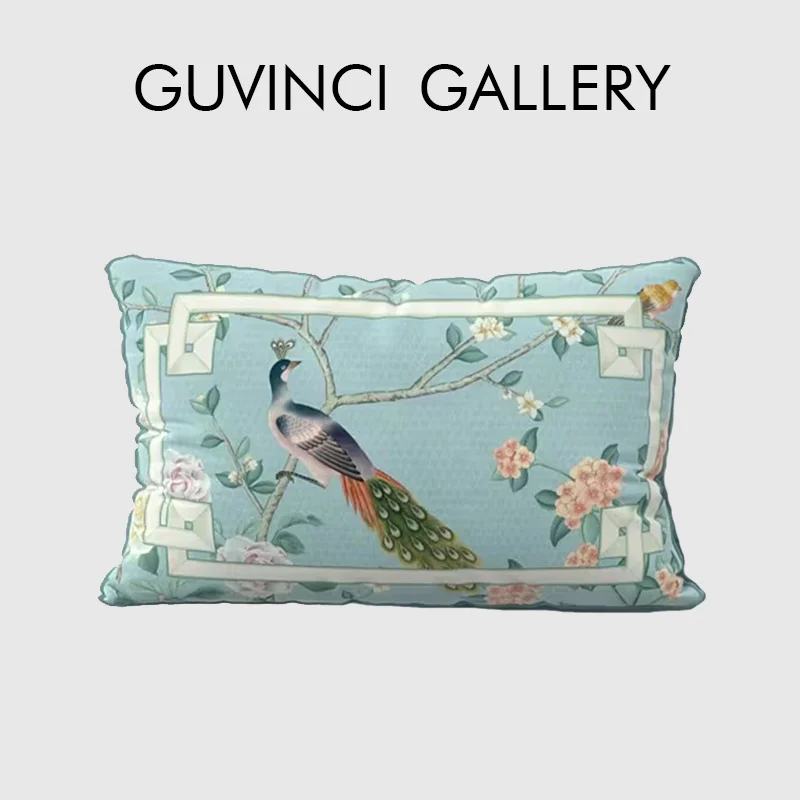 GUVINCI Peacock Plume Decorative Cushion Cover Chinoiserie Bird Garden Pillowcase Vintage Floral Fresco Oriental Asian Home Deco