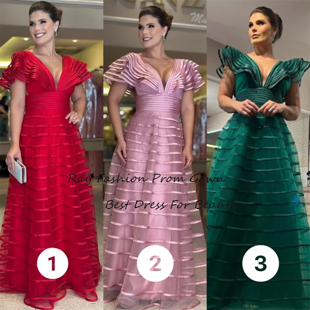 Ray Fashion Simple A Line Prom Dress Sexy Deep V Neck Tiered Short Sleeves For Women Formal Occasions فساتين سهرة Saudi Arabia